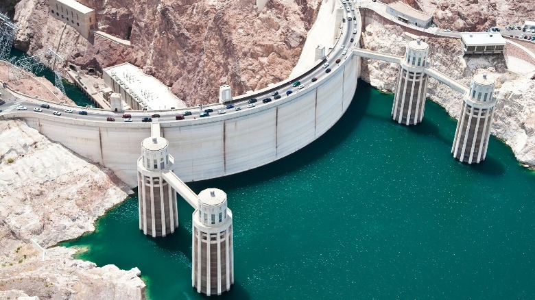 aerial photo of Hoover Dam and Lake Mead