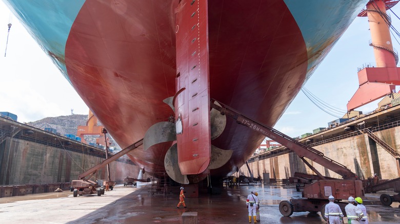 Docked ship hull underside