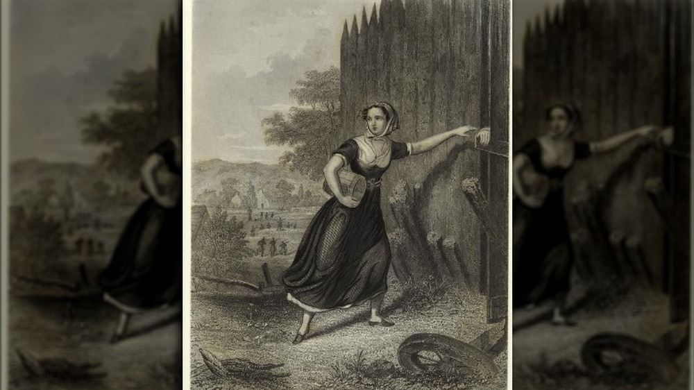 Illustration of woman running through battle loading canon