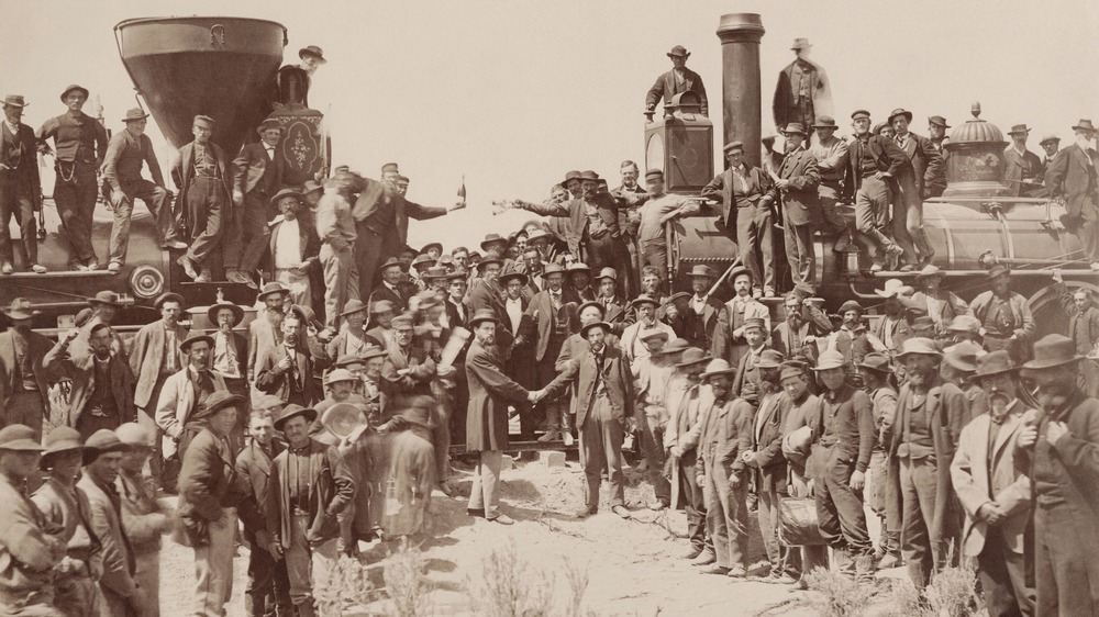 The ceremony for the driving of the golden spike at Promontory Summit, Utah on May 10, 1869