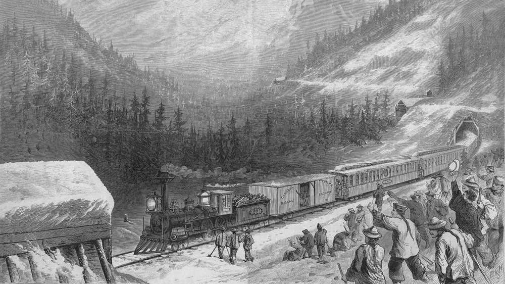 ross the Continent. The snow sheds on the Central Pacific Railroad in the Sierra Nevada Mountains. From a sketch by Joesph Becker