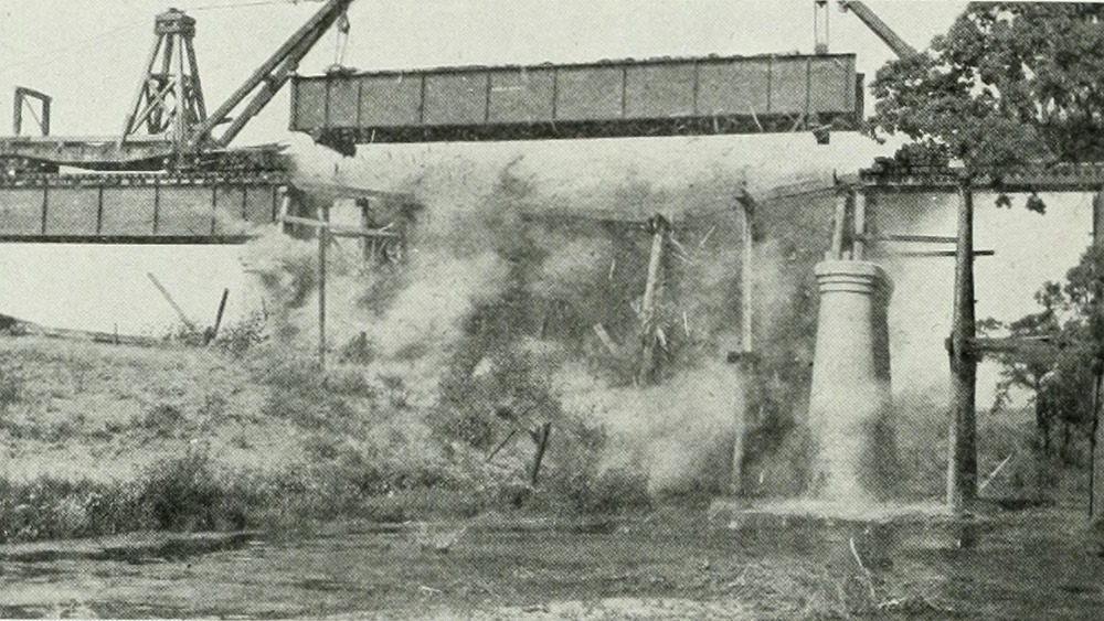 Railroad bridge dynamite demolition, 1910