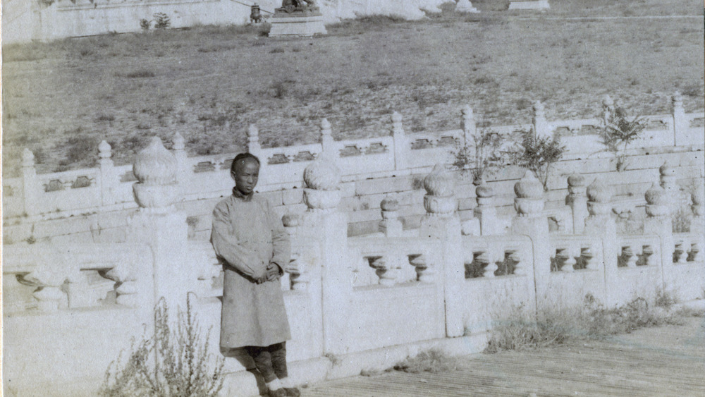 A man standing within the Forbidden City in front of the palace