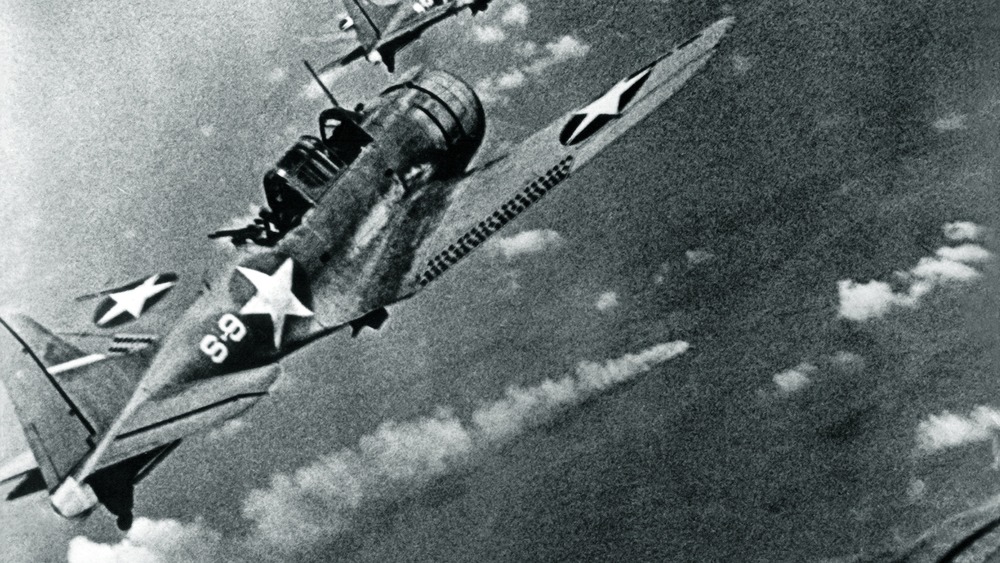 Cropped photo of Dauntless dive bombers at the Battle of Midway