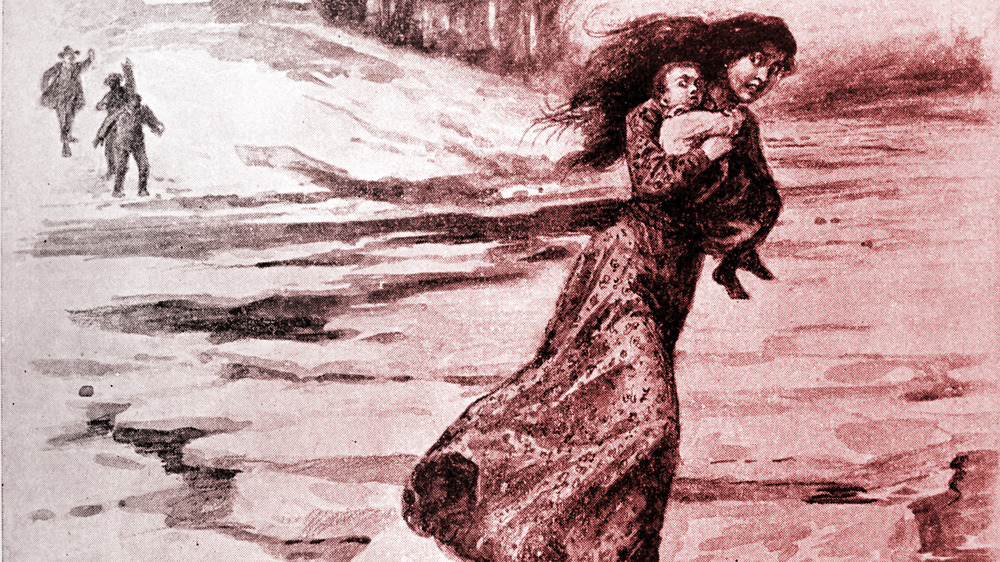 Illustration of woman running across a frozen river with her child in her arms