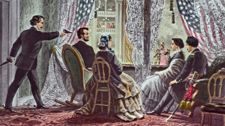 4"x3" slide depicting John Wilkes Booth leaning forward to shoot President Abraham Lincoln as he watches Our American Cousin at Ford's Theater in Washington, D.C. 14 April 1865.