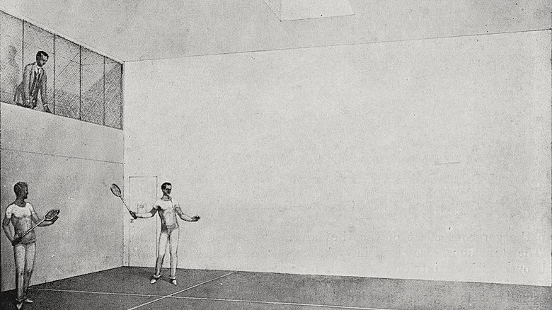 illustration of 2 people playing on squash court 