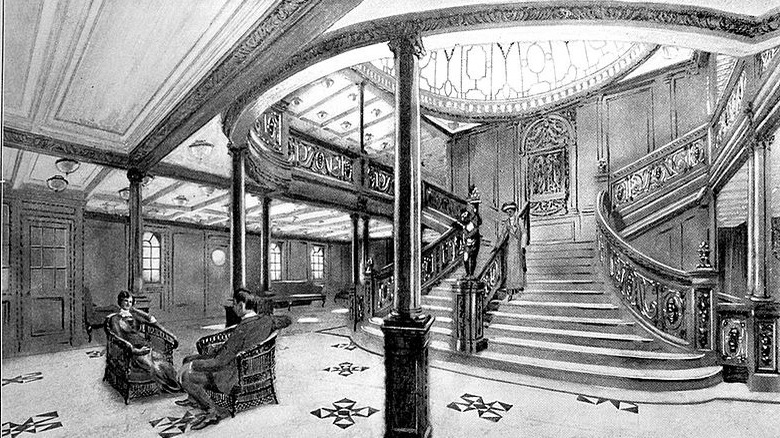 A grand staircase in black and white