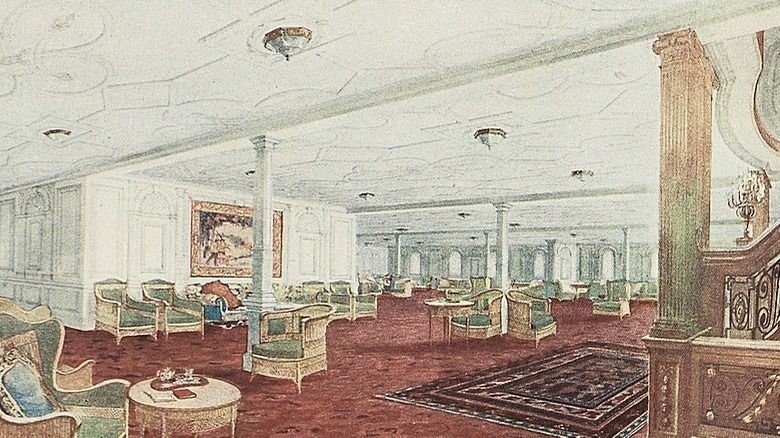 An illustration of a 1st class general room on the Titanic