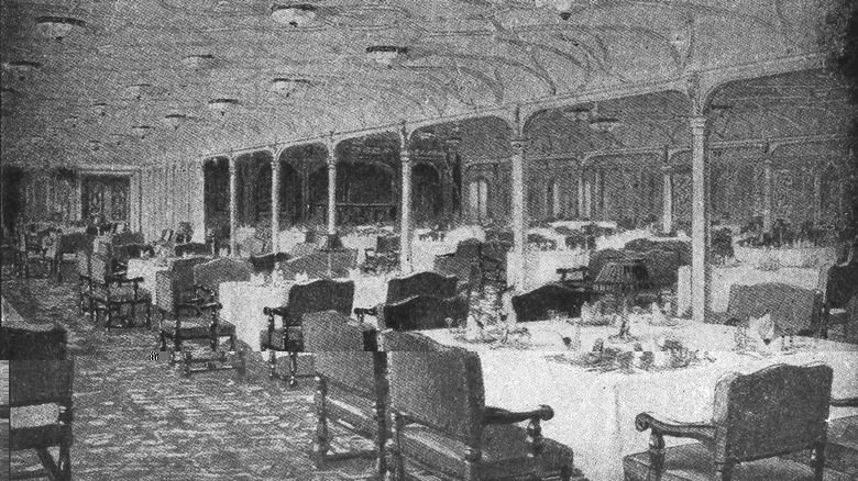 Black and white depiction of a large dining room with several tables 
