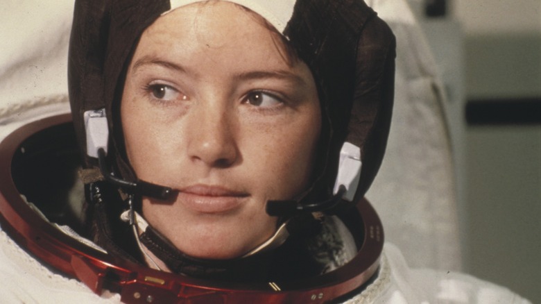 Anna Fisher wearing her space suit