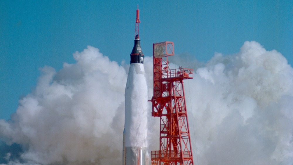 A Mercury-Atlas rocket blasts into space