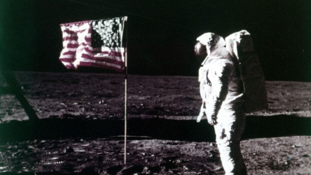 Buzz Aldrin and American flag on the Moon