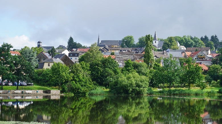 View over the pond to the old town of Baumholder