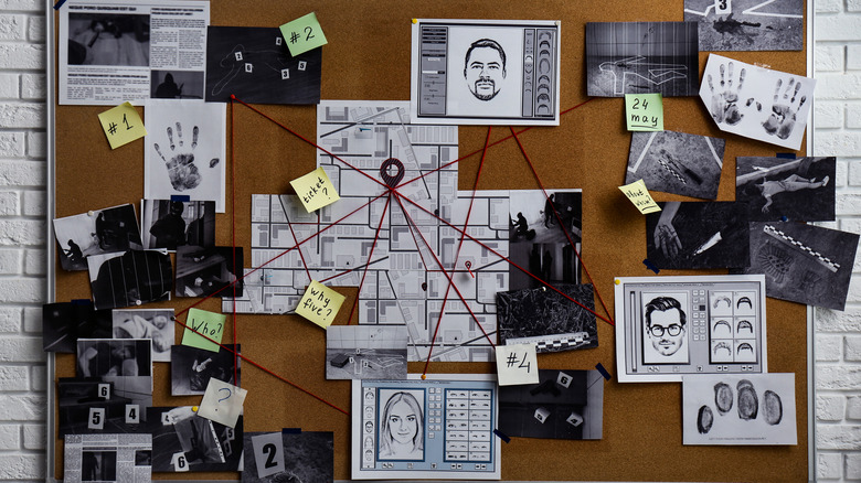 Detective board with images documents connected string