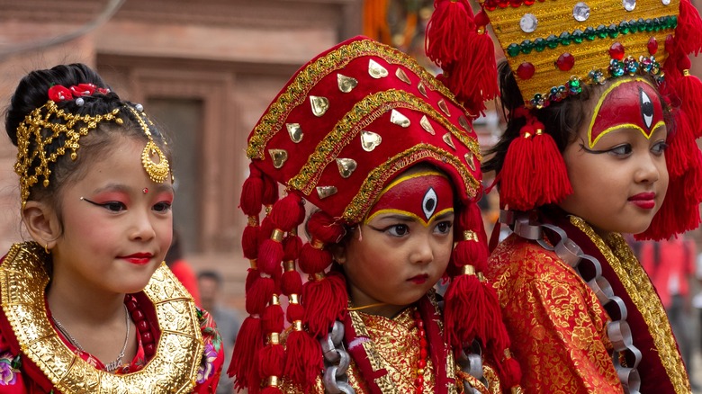 Kathmandu, Nepal. A Portrait of a little girls dress like a living goddess Kumari