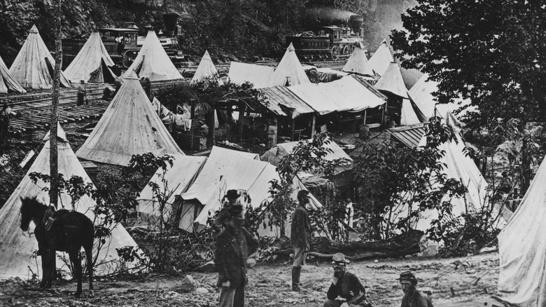 Civil War camp with tents and soldiers