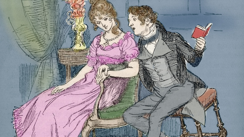 illustration from Persuasion Sits at her elbow, reading verses, edition illustrated by Hugh Thomson 1897