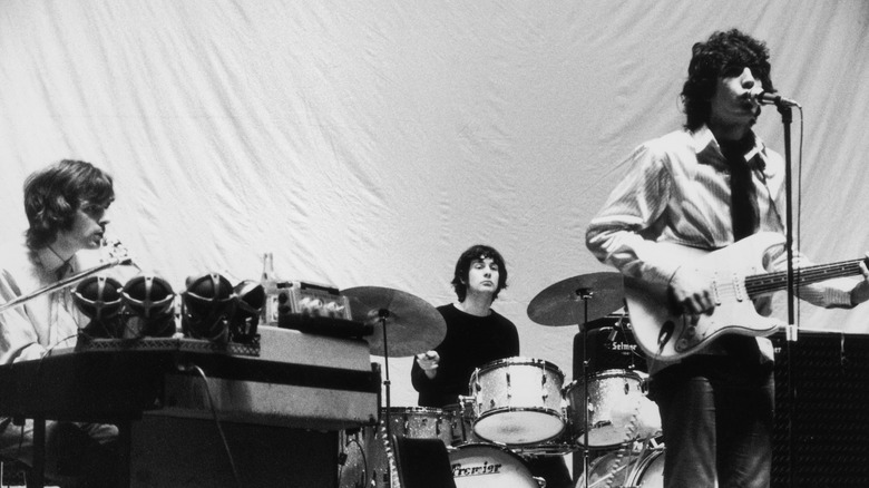 Pink Floyd during rehearsals for the group's show 'Games for May 1967. Left to right: Rick Wright, Nick Mason and Syd Barrett. 