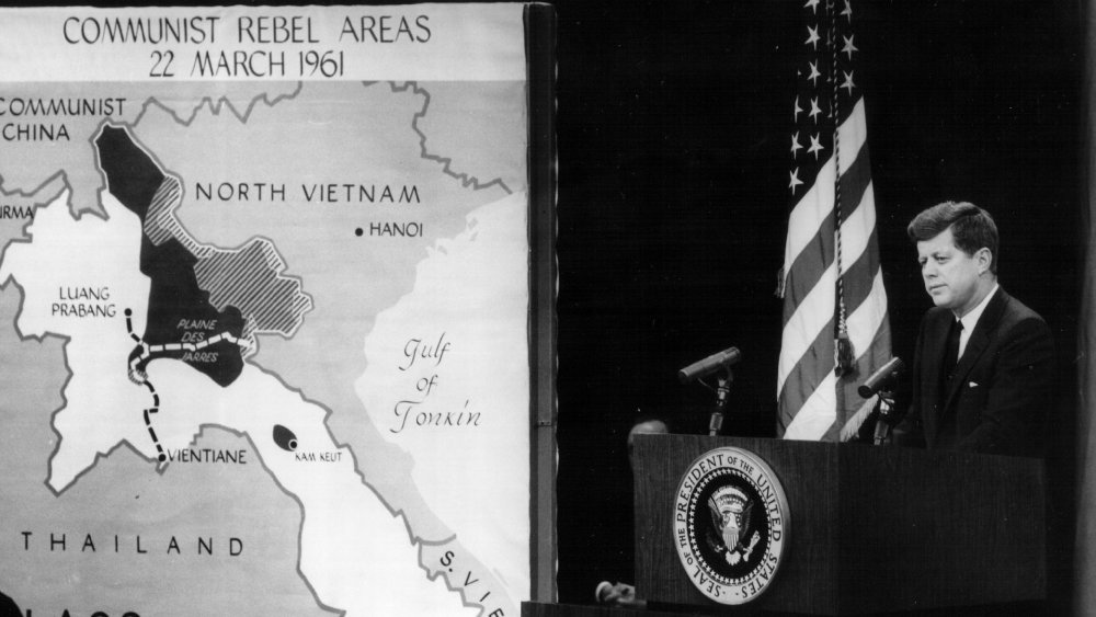 President John F. Kennedy speaks at a press conference about North Vietnam March 23, 1961