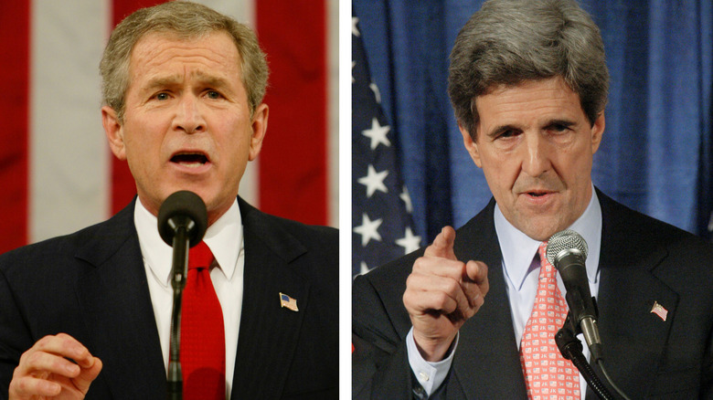 George W. Bush and John Kerry speaking before microphones