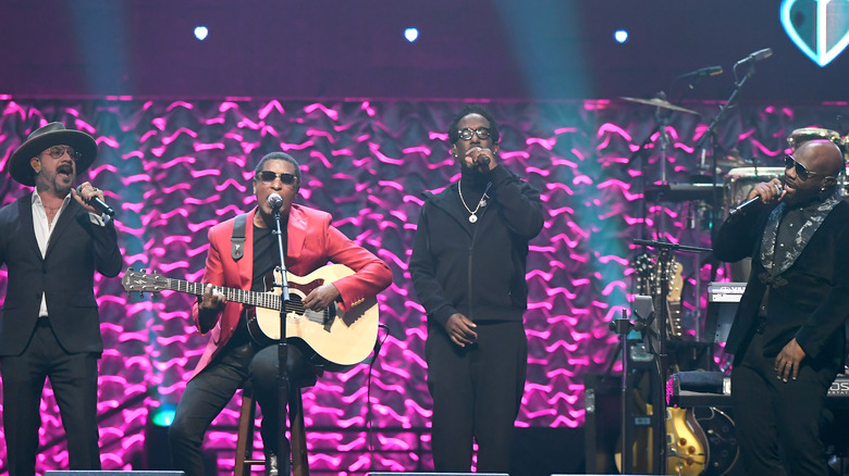 singer AJ McLean, Kenny "Babyface" Edmonds, Shawn Stockman, and Wanya Morris performing at the 2021 Power of Love Gala