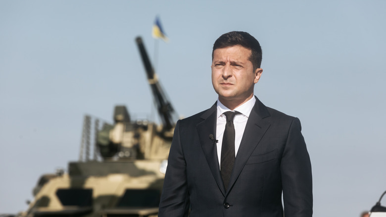 Volodymyr Zelensky in front of a tank