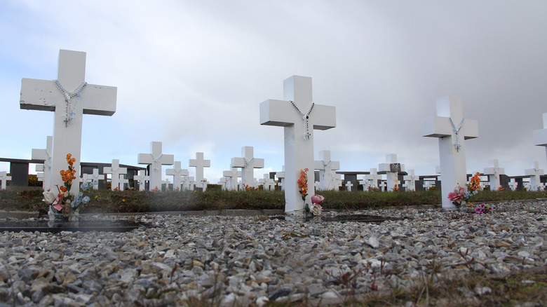 White crosses along a shoreline