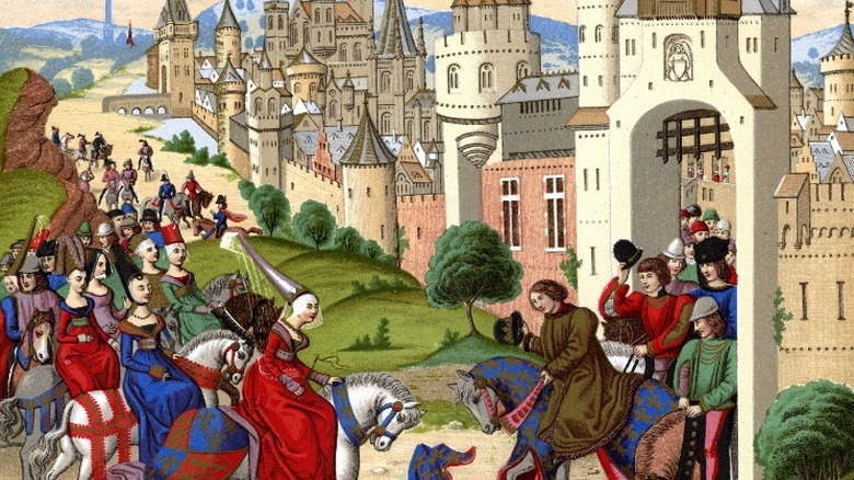 medieval drawing people, horses, buildings