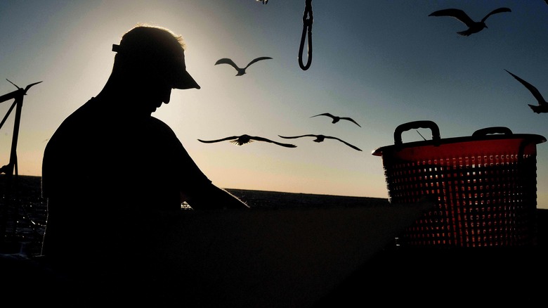 Silhouette of a fisherman on boat