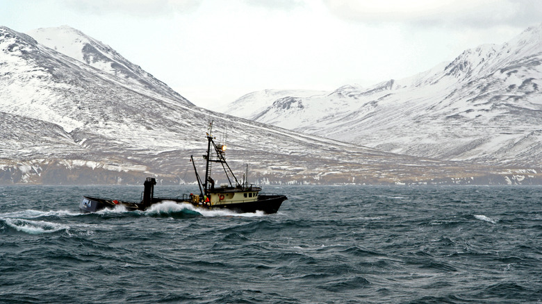 Fishing boat passing snowy mountains