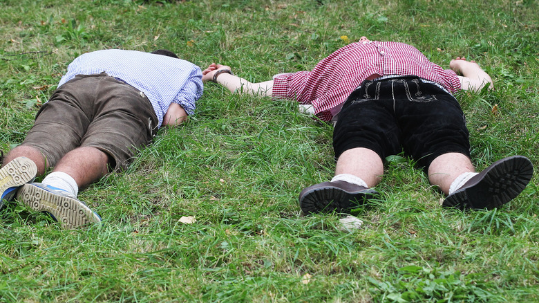 Drunk Oktoberfest revellers asleep on grass