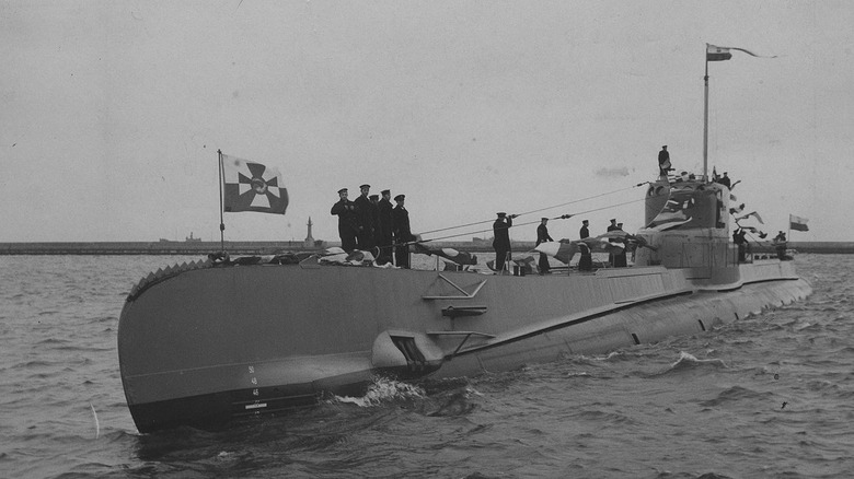 Orzel submarine with men and flags on deck